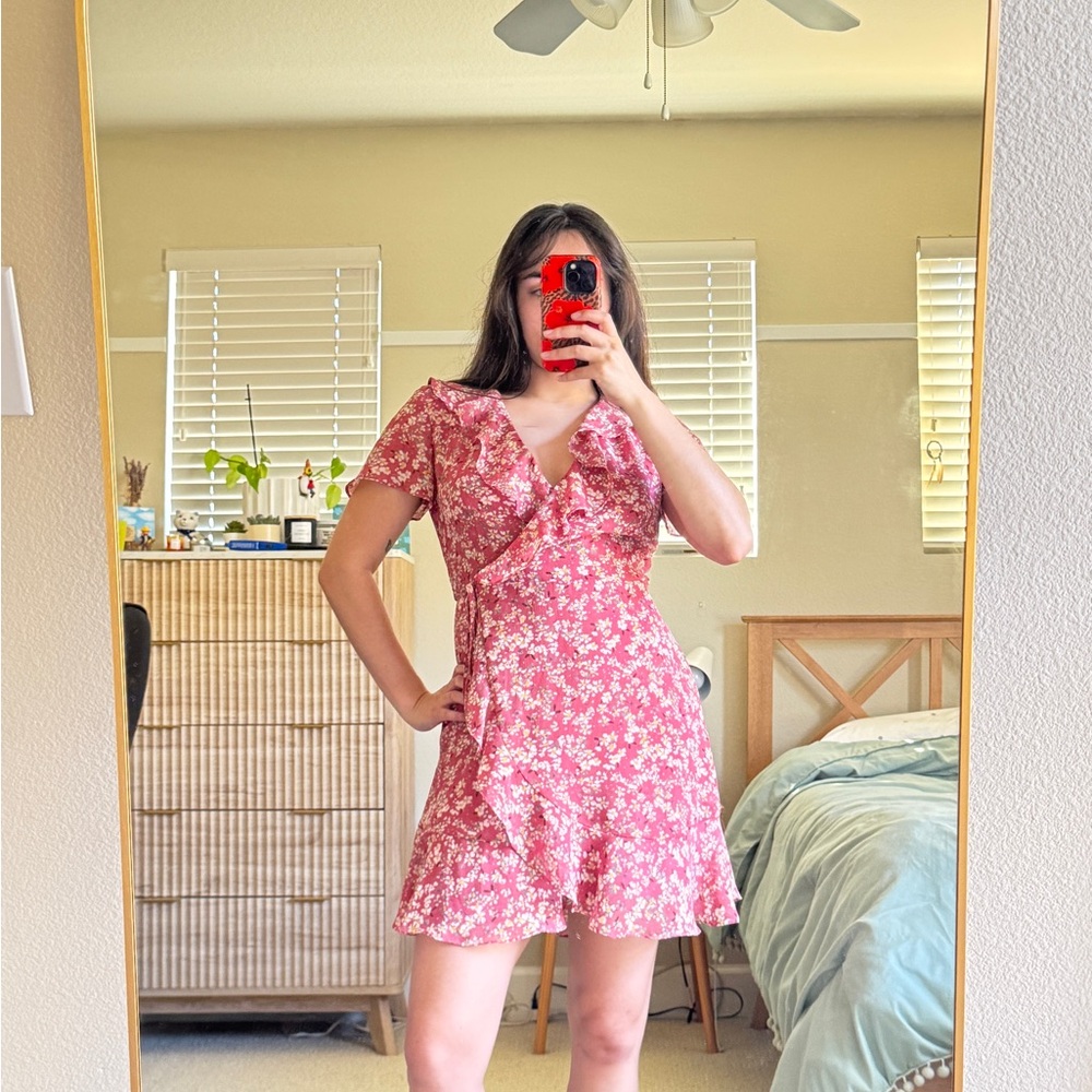 Lush Floral Pink Wrap Mini Dress